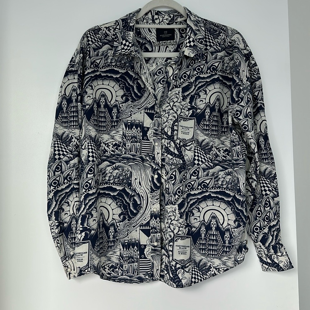 Scotch & Soda Maison Scotch Navy White Graphic Print Button-Up Shirt